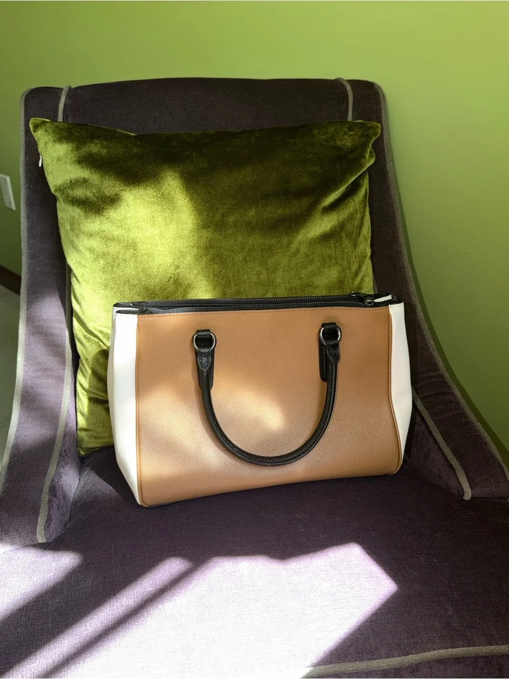 Coach Colorblock Pebbled Leather Satchel in Tan, White & Black